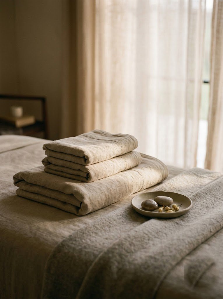 Folded linen towels and a dish of smooth stones on a treatment bed in soft morning light