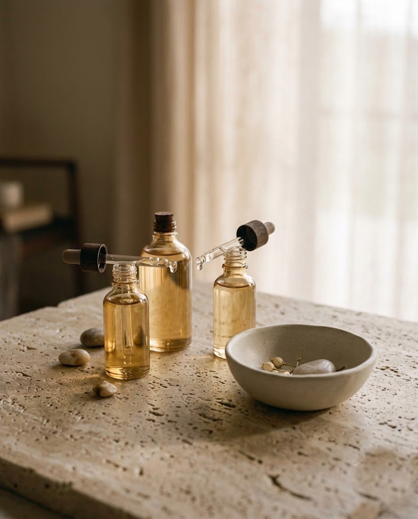 Amber-glass oil bottles and a ceramic bowl on a travertine surface in soft daylight