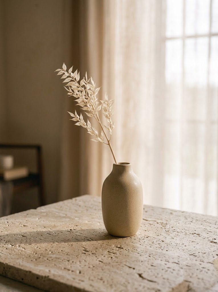 A single dried botanical stem in a pale ceramic vase, soft morning light and long shadow